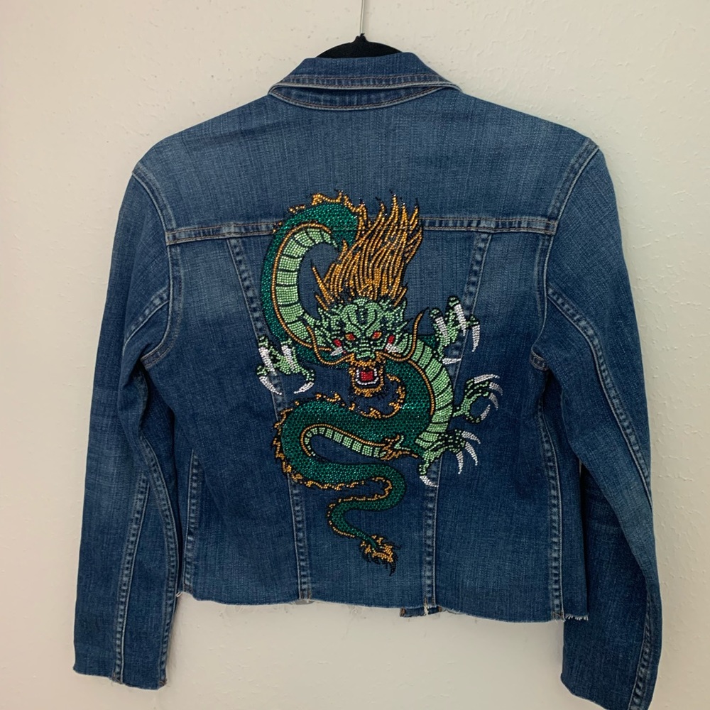 L'AGENCE Janelle Slim Raw Edge Jacket Denim Chambray Distressed Dragon S/P